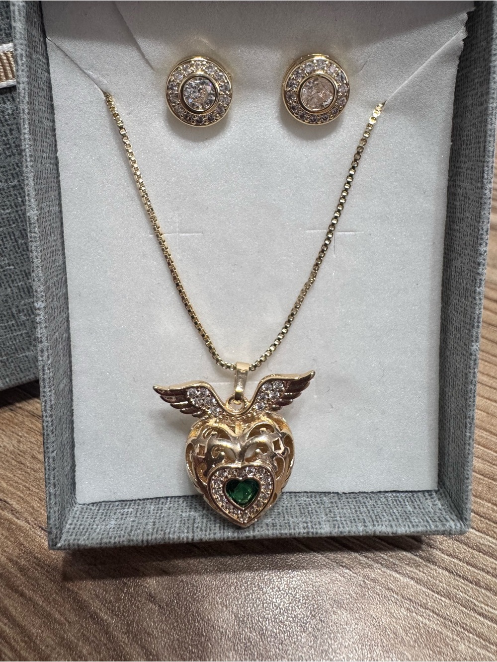 Gold Heart Wing Pendant Necklace and Stud Earrings Set with Emerald Accent